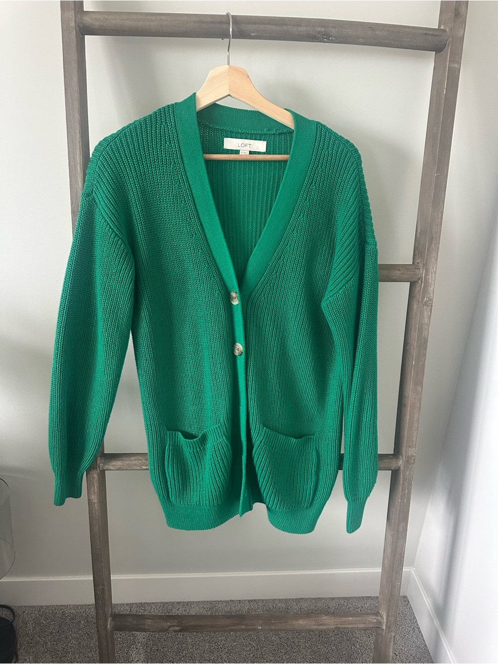 LOFT Green V-Neck Button Cardigan Sweater 100% cotton